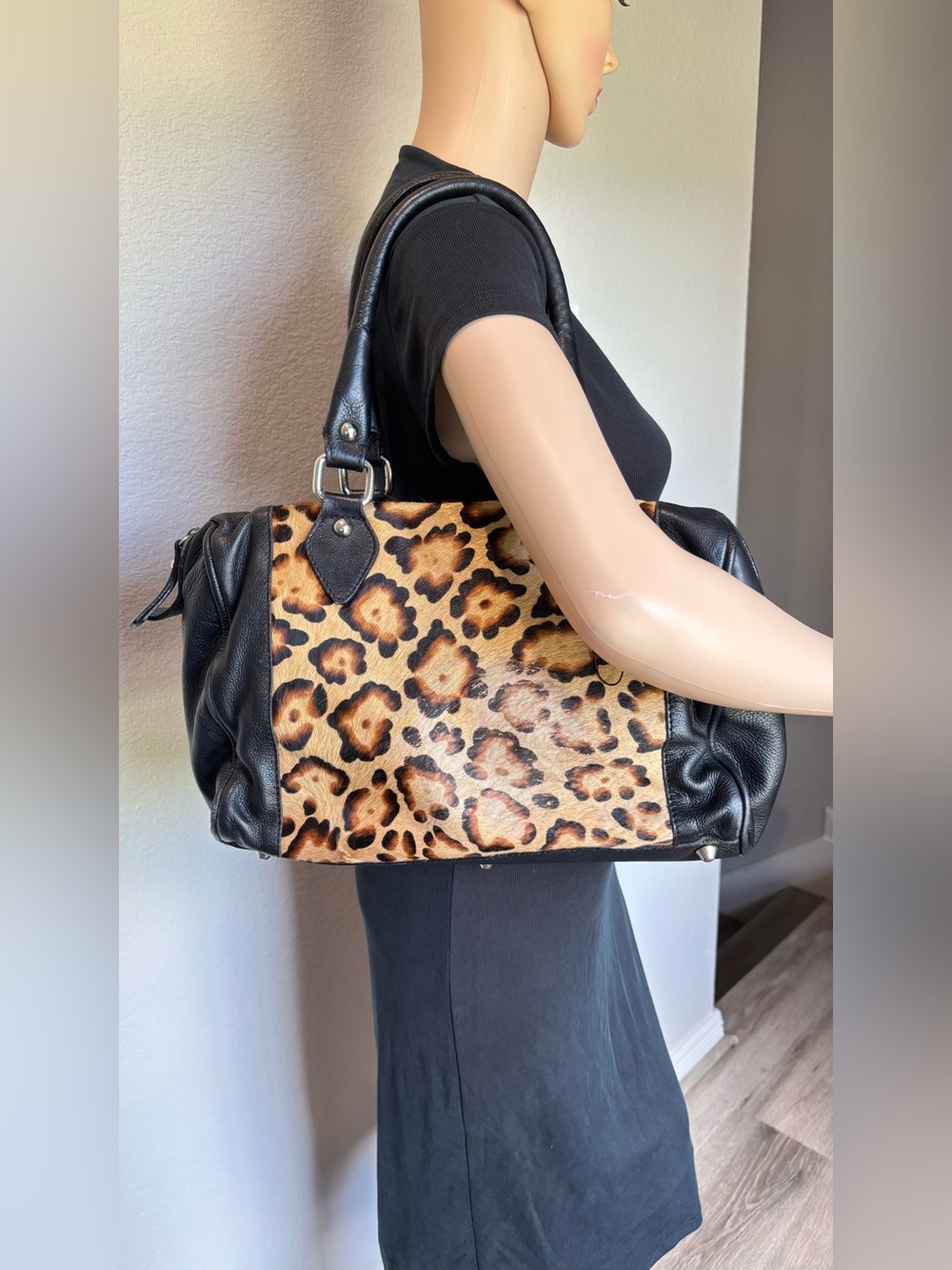 Leopard Print Shoulder Bag with Black Trim